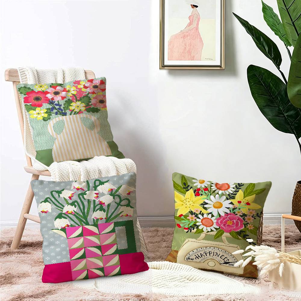 Home Textiles Market - Roze Bloemenmarkt Vaas Bloemige Plant Kussenhoezen